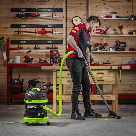 Sealey PC150BV BuilderVac®15L M Class Vacuum Cleaner Wet & Dry with Stainless Steel Drum 1400W/230V - FILTER SHAKE / AUTO START / ACCESSORIES Included