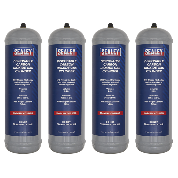 Sealey CO21KGD4 Disposable Carbon Dioxide Gas Cylinder 1.3kg - Pack of 4 - Portable, lightweight cylinder for mobile welder.